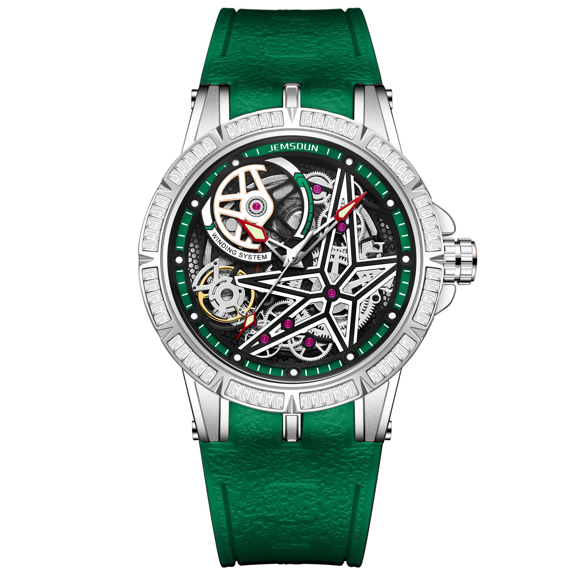 Luxury Skeleton Automatic Watch Diamond Bezel Black Rubber Strap