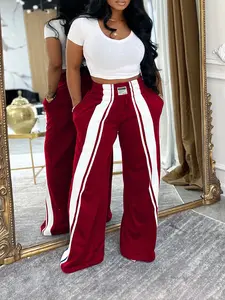 Women's Color Block Casual Wide Leg High Waist Elastic Cropped Pants, Loose Fit Comfy Trousers for Daily Wear, Trendy and Versatile Leisure Pants