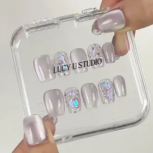 【Lucy U】Press On The Nail Purple Cat's Eye Fake Nail Gift Box High-End Sense Elegant And Shining Diamond Nail Decoration Five-Piece Nail Art Set Random Small Gift Including Polka Dot Fake Nail Gift