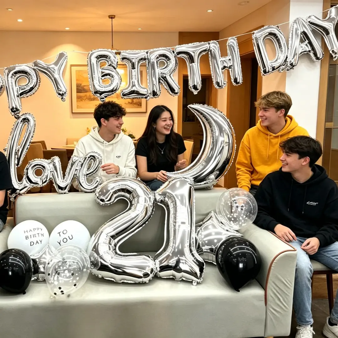 66Pcs Black Silver 21st Birthday Party Balloon Kit Happy Birthday Banner, Moon & Star Foil Balloons, Giant 32 Inch Number 21 Foil Balloon, Confetti Latex Balloons Complete Decor Supplies for Women Girls 21 Year Old Bedroom Birthday Photo Backdrop