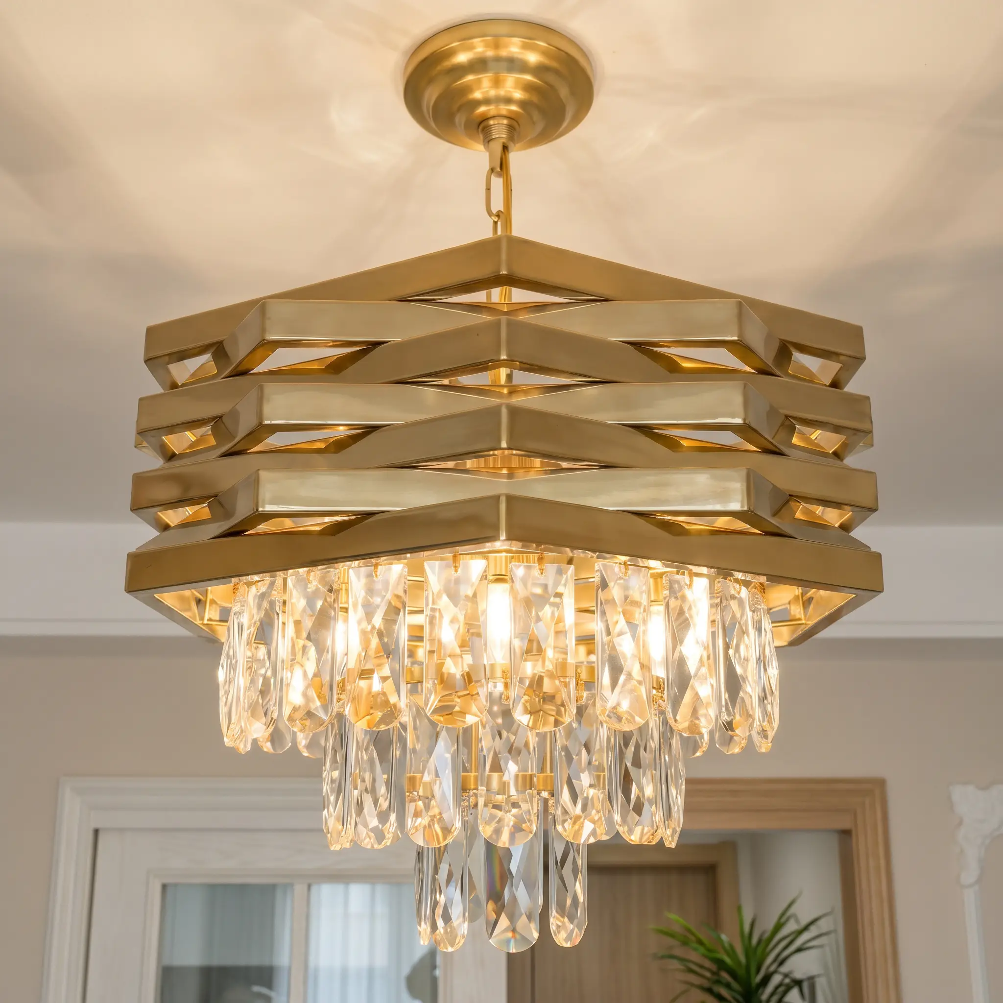 Modern Gold Crystal Chandelier, 15.7-Inch Luxury Round Dimmable K9 Crystal Ceiling Light Fixture, E12 Base for Dining Room Living Room Bedroom Hallway, Rust-Proof Modern Home Decor, Bulbs Not Included