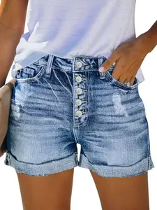 New Elastic Slim Fit Denim Shorts, Vintage Street Style, Washed Blue Jeans, Front Button Design, Spring & Fall Fashion, Womenswear