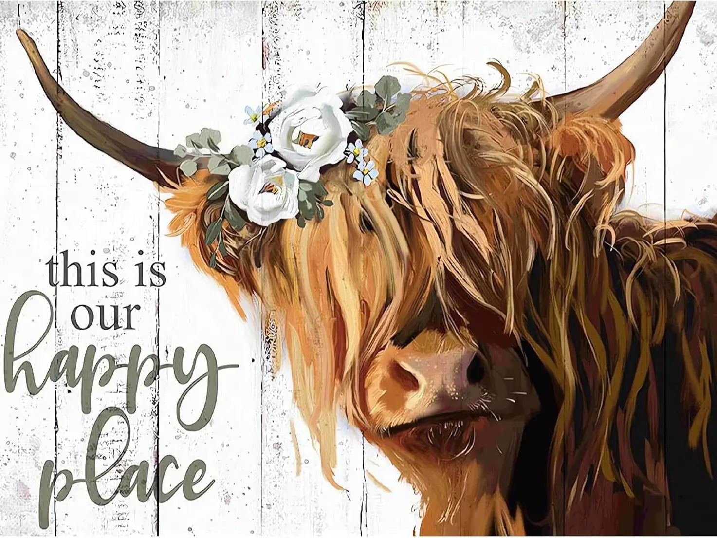 5D Full Drill Diamond Painting, Floral Highland Cow With White Flower Crown On Distressed Wood Background Happy Quote Farmhouse DIY Wall Decor