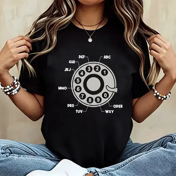 Women's Retro Rotary Dial Telephone Graphic T-Shirt, Vintage Old Phone Casual Nostalgia Black Cotton Tee