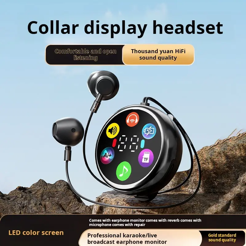 Clip-on headphones with screen for karaoke live streaming, ear return, sports, long battery life, smart functionality