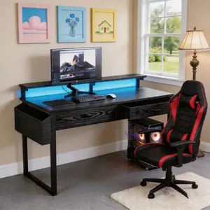 【Vanity & Office Desk】31.5'' Gaming Desk with LED Lights in Dorm & Tiny home,Computer desk with 2 Storage Drawers,Home Office Desk Writing Table with Side Pocket & Ergonomic Monitor Stand,Nice gift for Women and Teens,Easy to disassemble when moving,Black