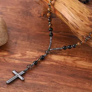 Protection Rosary Necklace Hematite Cross Pendant Obsidian Tiger Eye Stone Amulet Adjustable Chain Spiritual Jewelry For Men Women Healing Power Prayer