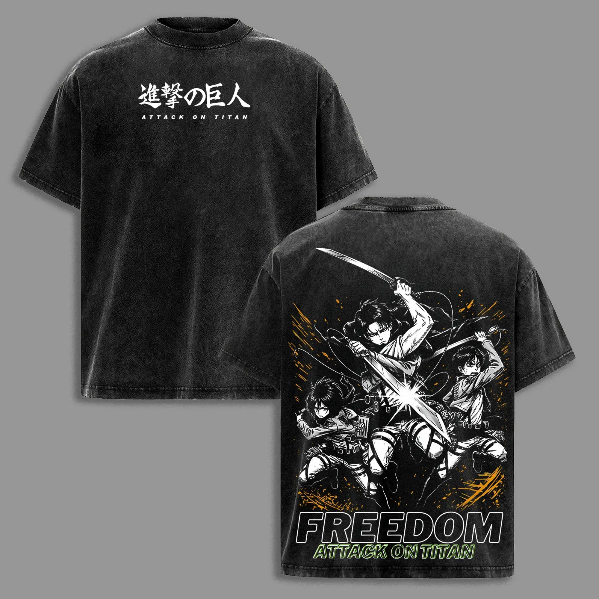 Attack on Titan Graphic Tee for Men in Vintage Washed Cotton, Short Sleeve Streetwear with Scout Regiment Design, S-5XL, 2XL, Shortsleeve, Loose, Menswear, Oversize, Retro, Relaxed, T-Shirt, Premium Cotton, Pre-Washed