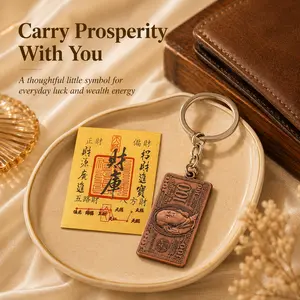 Wealth Vault Card + Copper Red Metal Money Keychain Set, Fengshui Home Decor Ornaments, Trending Everyday Carry, Prosperity Bag Charm, Daily Money Energy Gift