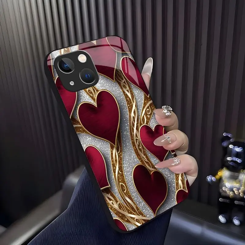 Luxurious romantic heart case for iPhone 14 Plus, elegant gold trim love pattern cover, best gift for her, anniversary, aesthetic phone accessory — 975