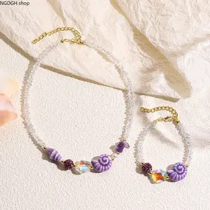 Viral Purple Nautilus Shell Jewelry Set - Cute Crystal Beaded Necklace & Bracelet with Purple Spiral Shell Pendants, Sparkling Iridescent Beads & Gold Accents, Must-Have for Beach Vacation Party Festival & Coastal Boho Chic Styling