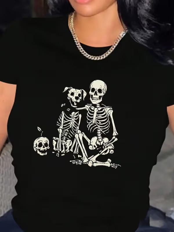 Women's Gothic Theme Casual Poly-Cotton T-Shirt - Fine-Printed Skeleton Dog & Human Graphics, Bone & Paws Prints, Short Sleeve, Crew Neck, Machine Washable Black Tops for Pet Lovers (Spring Summer Outfits)