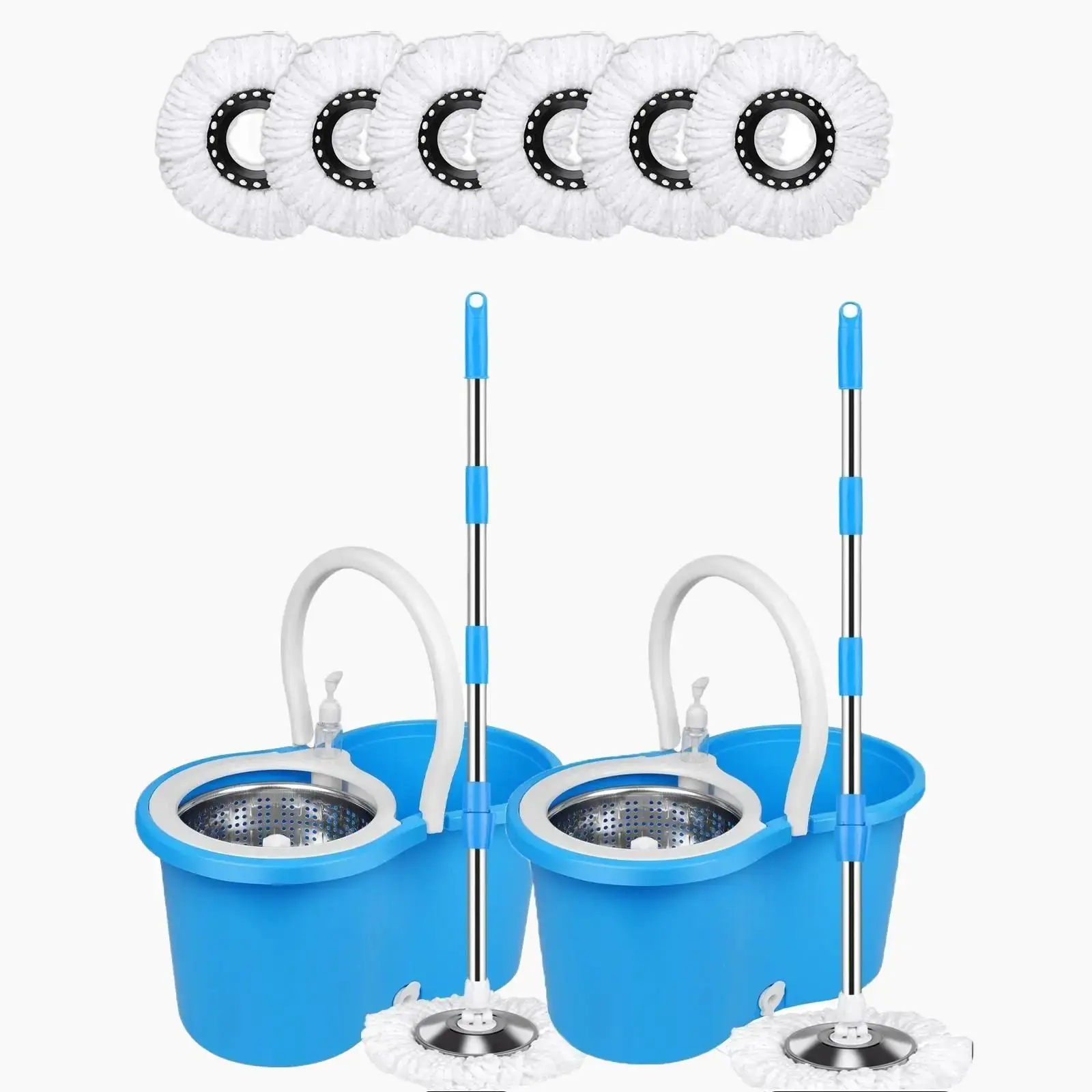 Blue Spin and Mop Bucket Set - 2 Buckets, 6 Microfiber Replacement Heads, 61in Mop Pole Household Items Floor Cleaning Quick Dry and Quick Clean,