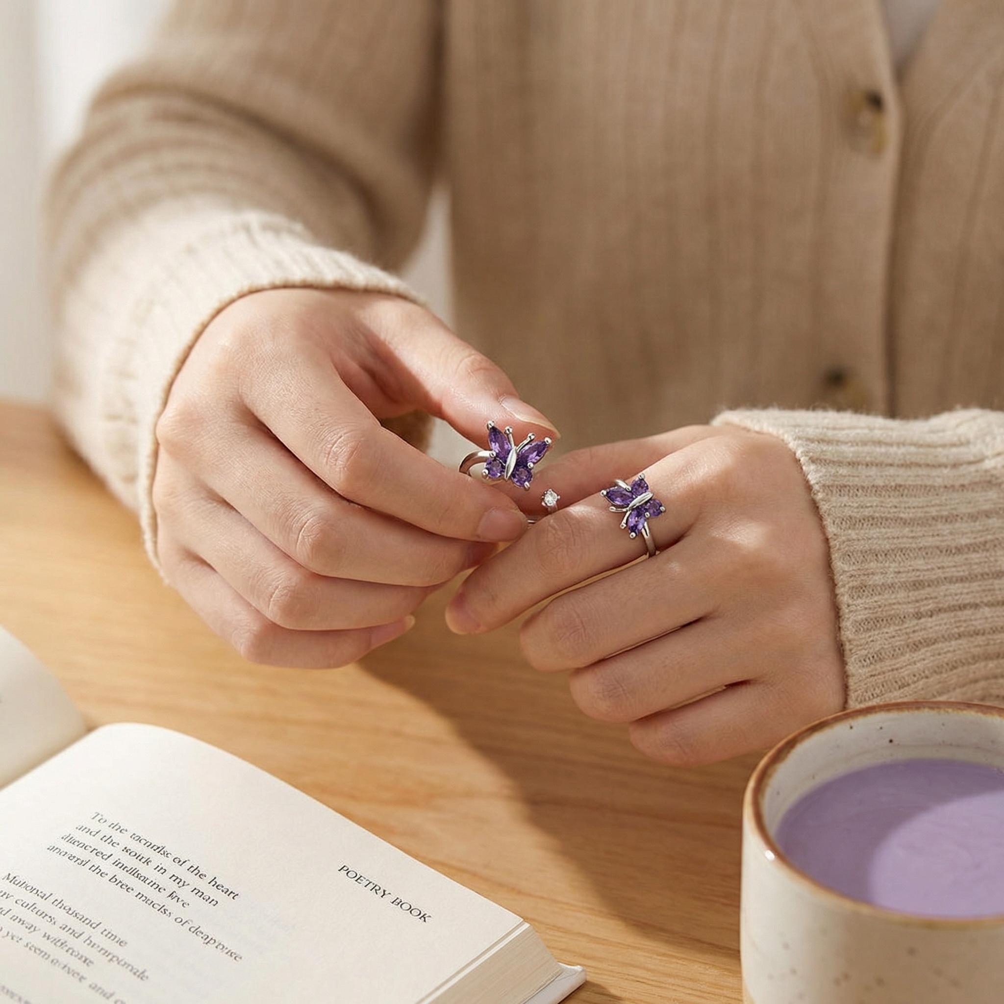 Adjustable Rotating Butterfly Ring with Sparkling Zircon Open Design Romantic Fidget Jewelry Gift for Women Self Love & Emotional Connection