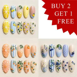 BUY 2 GET 1 FREE Combo 3 Set Summer Fruits Nails, Yellow Lemon Orange and Blueberry 3D Press On Nails, Handmade Luxury Trendy With Floral Nails, 3D gel Nail For Women, Vintage NailArt, Holiday Party, Birthday Nails Inspo