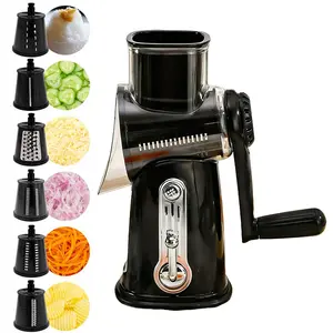 Rotary Food Grater with Handle, Comes with Designed Blades and Strong Suction Cup Base, Vegetable Cutting Slicer Vegetable Cutter Utensils Black