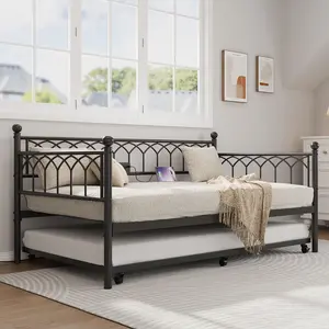 Heavy Duty Metal Twin Daybed with Pull-Out Trundle, Built-in Charging Station and LED Lights - Space-Saving Sofa Bed Frame for Bedroom, Guest Room