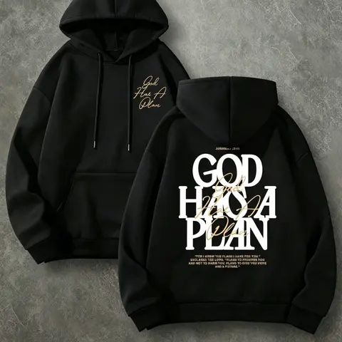God Has A Plan Double Print Hoodie, 270G Brushed Fleece Christian Front Back Graphic Hooded Sweatshirt, Religious Faith Pullover, Soft Warm Casual Streetwear For Men Women