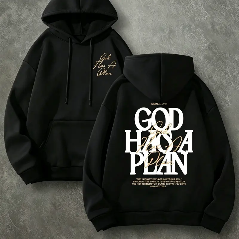 God Has A Plan Double Print Hoodie, 270G Brushed Fleece Christian Front Back Graphic Hooded Sweatshirt, Religious Faith Pullover, Soft Warm Casual Streetwear For Men Women