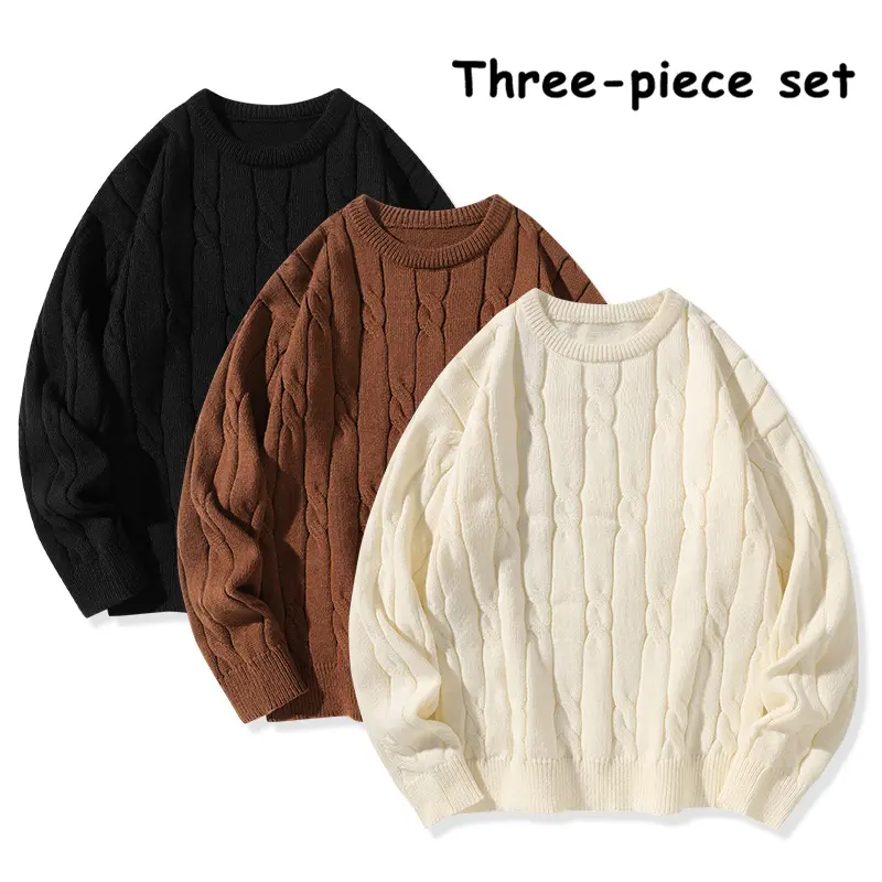 Men’s 3-Pack Cable Knit Crewneck Sweater Set, Casual Long Sleeve Knitted Pullovers, Soft Comfortable Basic Tops for Autumn & Winter
