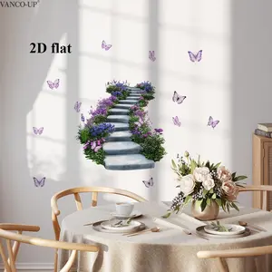 2D Flat 2Pcs/Set Garden Steps & Butterfly Wall Stickers 30×60cm Dreamy Purple Floral Decor Self-Adhesive Stickers for Living Room Bedroom