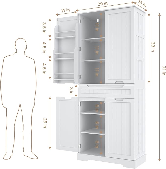 Gizoon 71" Tall Kitchen Pantry Cabinet with Doors & Adjustable Shelves 5-Tier Multipurpose Storage with Drawer Freestanding Organizer for Small Kitchen Bathroom Laundry Room