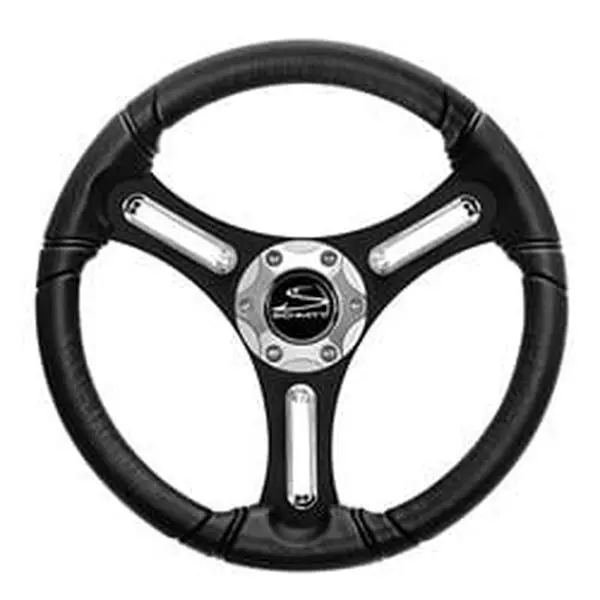 Schmitt Marine PU031104-12 14 in. 03 Series Torcello Polyurethane Wheel - 3 Spokes, Chrome Spoke Trim & Cap, Black Brushed Finish, 0.75 in. Tapered Shaft, Compatible with Runabouts, Ski Boats