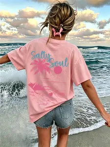 Summer Limited Edition Salty Soul Coconut Tree Print Top, Beach Vacation Style Versatile T-Shirt, American Vintage Beach Short Sleeve, Summer