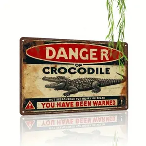 Vintage Crocodile Danger Metal Sign - Retro Weather-Resistant Wall Art Decor for Outdoor & Indoor, Pre-Drilled Holes Easy Mount, Outdoor Plaques