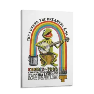 Kermit the Frog Vintage Music Poster Canvas Wall Art, Framed "Rainbow Connection" Banjo Retro Print, Cute Animal Home Decor for Kids' Bedroom-Nursery Gift