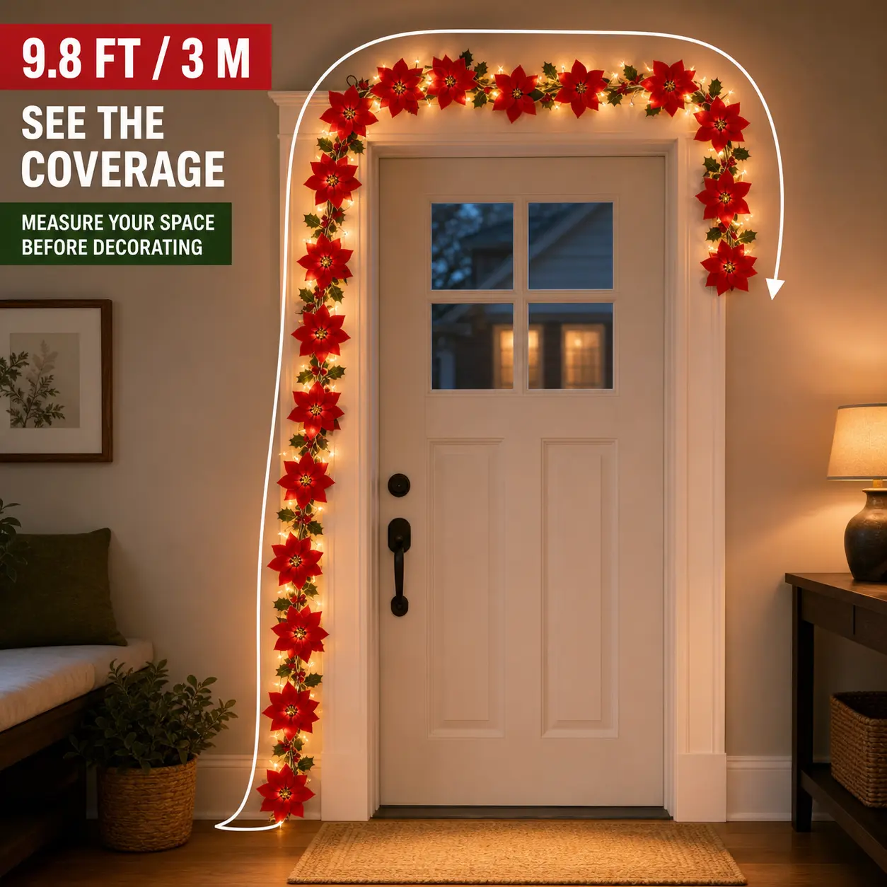 Christmas Poinsettia Lights, Warm Holiday Garland for Mantel, Tree & Doorway Decor, 9.8 FT Battery-Powered Floral String Lights
