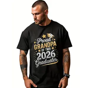 Men's Proud Grandpa of Two 2026 Graduates Class of 2026 Graphic T-Shirt - Heavyweight 180gsm Black & Golden Graduation Cap & Diploma Design - Funny Grandfather Gift for Grandparents - Casual Round Neck Tee for Grandpa - All-Season Comfort Fit - Ideal for