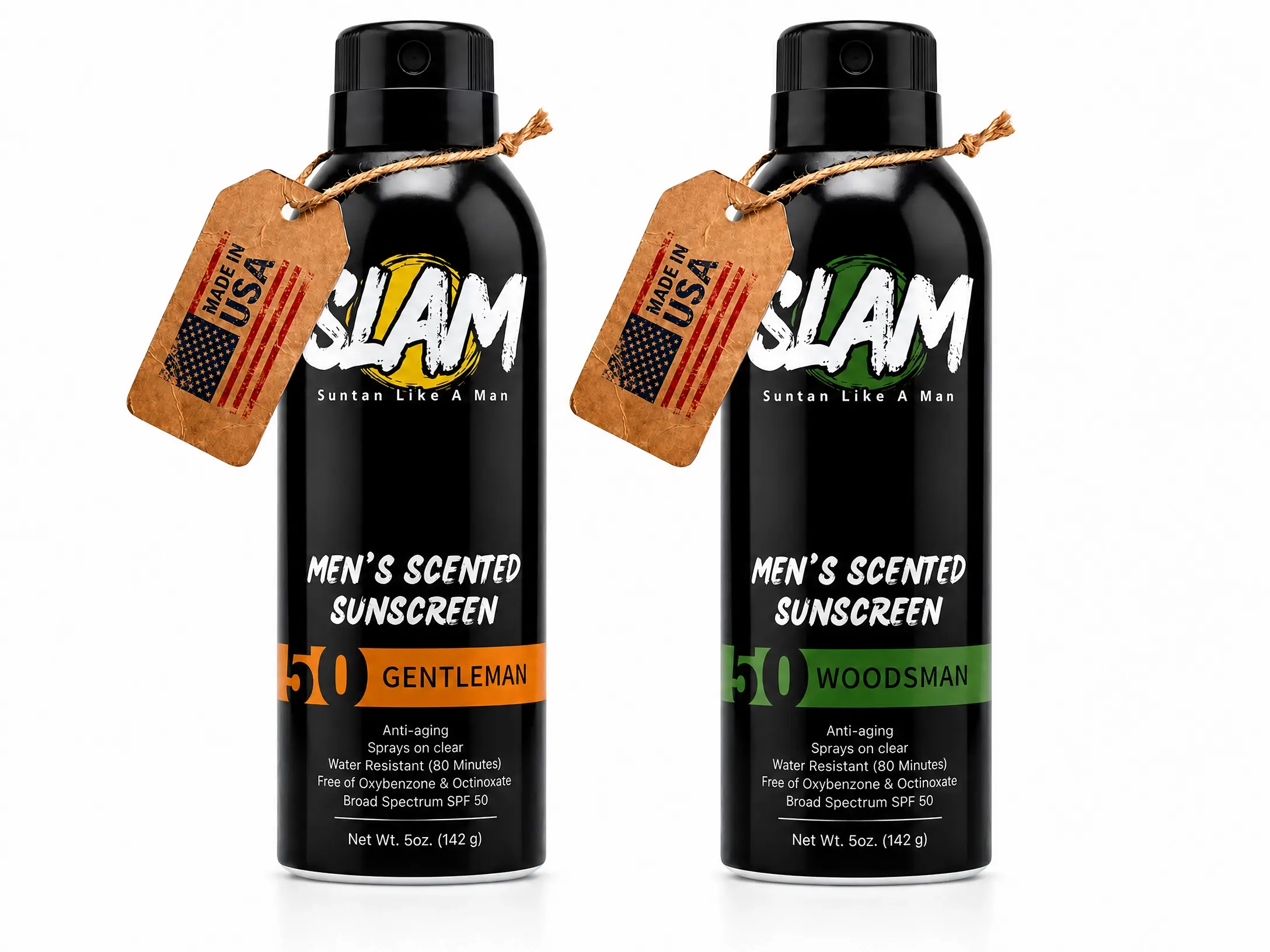 [SLAM Official] Men's GentleMan-WoodsMan SPF 50 Broad Spectrum UVA/UVB Sunscreen Spray 2-Pack, Cologne Scented, 80-Min Water Resistant, No White Cast, Made in USA