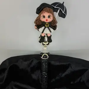 Fancy Antique Clay Girl on Rhinestone beaded pen