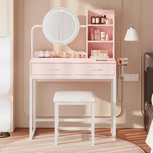 [Summervibes] Vanity Desk with 360° Rotating LED Mirror & Lights, 2 Drawers & 6 Shelves, Dressing Table with Power Outlet & Hair Dryer Holder – Perfect Gift for Her & Bedroom Essential
