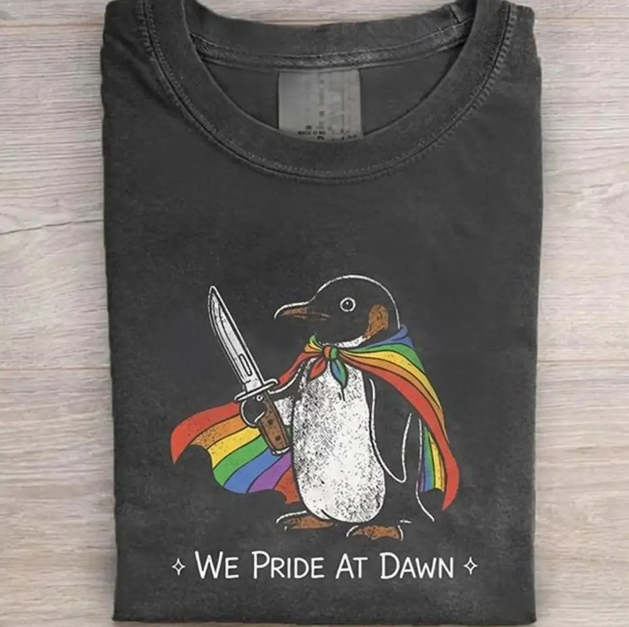 We Pride At Dawn Shirt, Funny Penguin Pride Month Tee, Rainbow Cape Knife LGBTQ Gift, Retro Creative Penguin Graphic T-shirt