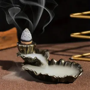 Elegant Metal Lotus Leaf Backflow Incense Burner, Retro Design with Incense Cones, Home Decor & Relaxation, Perfect Gift for Yoga Lovers