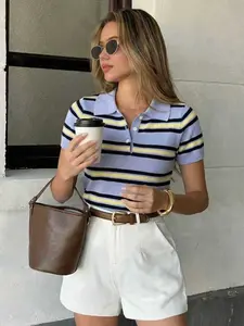 Women's Preppy Style Striped Knit Collared Polo Shirt, Slim Fit Short Sleeve, Soft Light Collar, Stripes, Summer