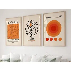 Gallery Wall Art Set Of 3 Prints, Picasso Print, Picasso Poster, Bauhaus Print, Bauhaus Poster Set, Gallery Wall Bundle, Orange Wall Art,