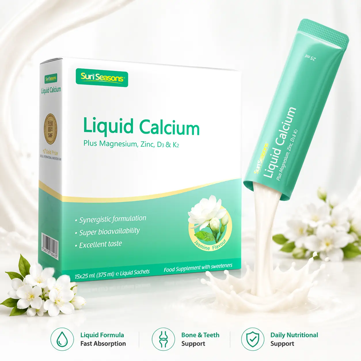 SUN SEASONS Premium Liquid Calcium Supplement with Magnesium, Zinc, Vitamin D3 & K2 for Bone & Joint Support, Mild & High Absorption Liposomal Formula for Pregnant Women, Adults & Seniors (15 Liquid Sachets, Jasmine Flavor)