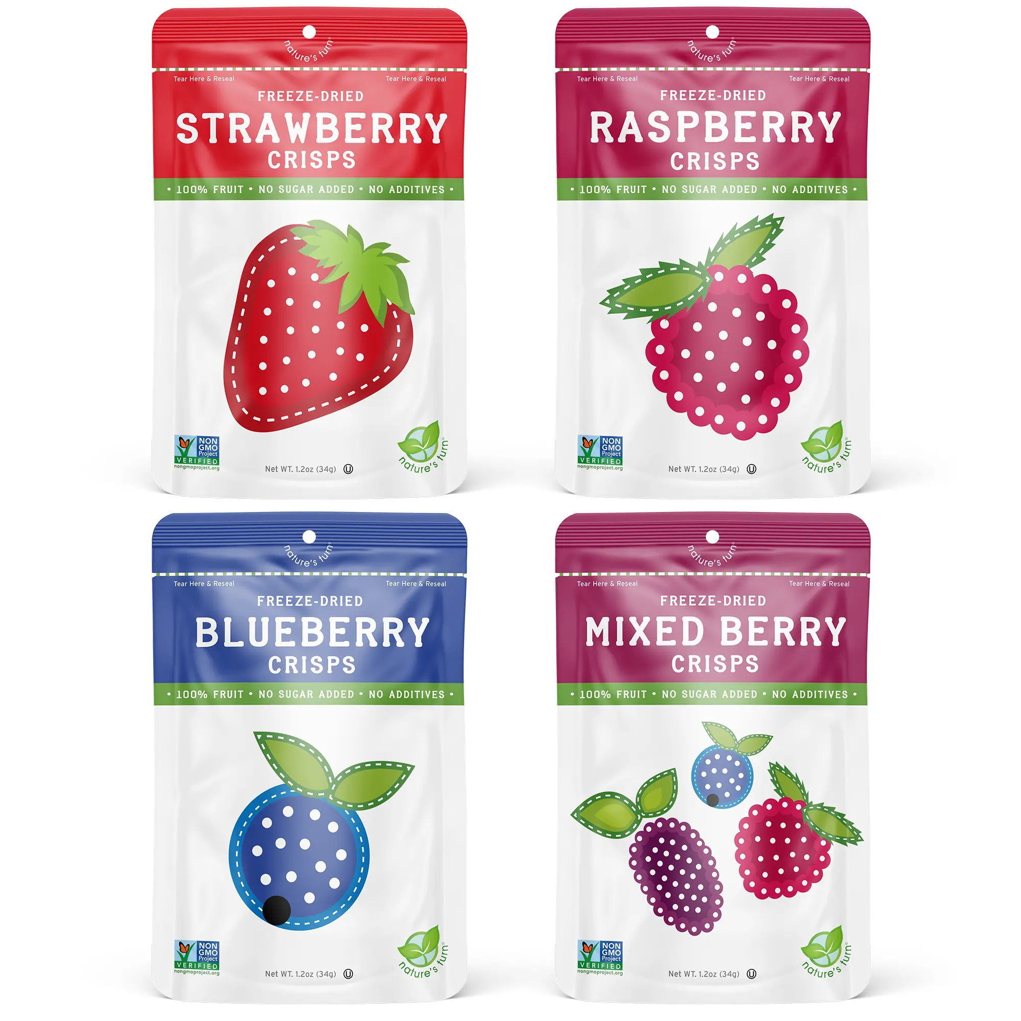 Nature’s Turn Very Berry Variety Pack Freeze-Dried Fruit Crisps - 100% Real Strawberry Raspberry Blueberry Mixed Berry, No Sugar Added, Non-GMO Gluten-Free, 1.2oz Pouches, Antioxidant Vitamin Fiber Powerhouse, Portable Plant-Based Paleo Treats