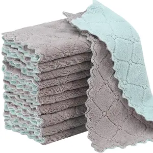 11Pack Kitchen Dish Cloths, Reusable Dish Towels, Nonstick Oil Washable Fast Drying, Super Absorbent Coral Velvet Cleaning Cloths for Mom from Daughter Son(Green-grey10 x 6")
