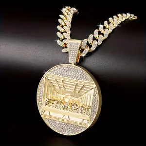 Last Supper Round Pendant Necklace - 13mm Cuban Chain with Ice Grid Design & Accents, Golden Religious Jewelry for Men & Women, Christmas Gift, Necklace Pendant, Luxurious Style, Highquality Finish
