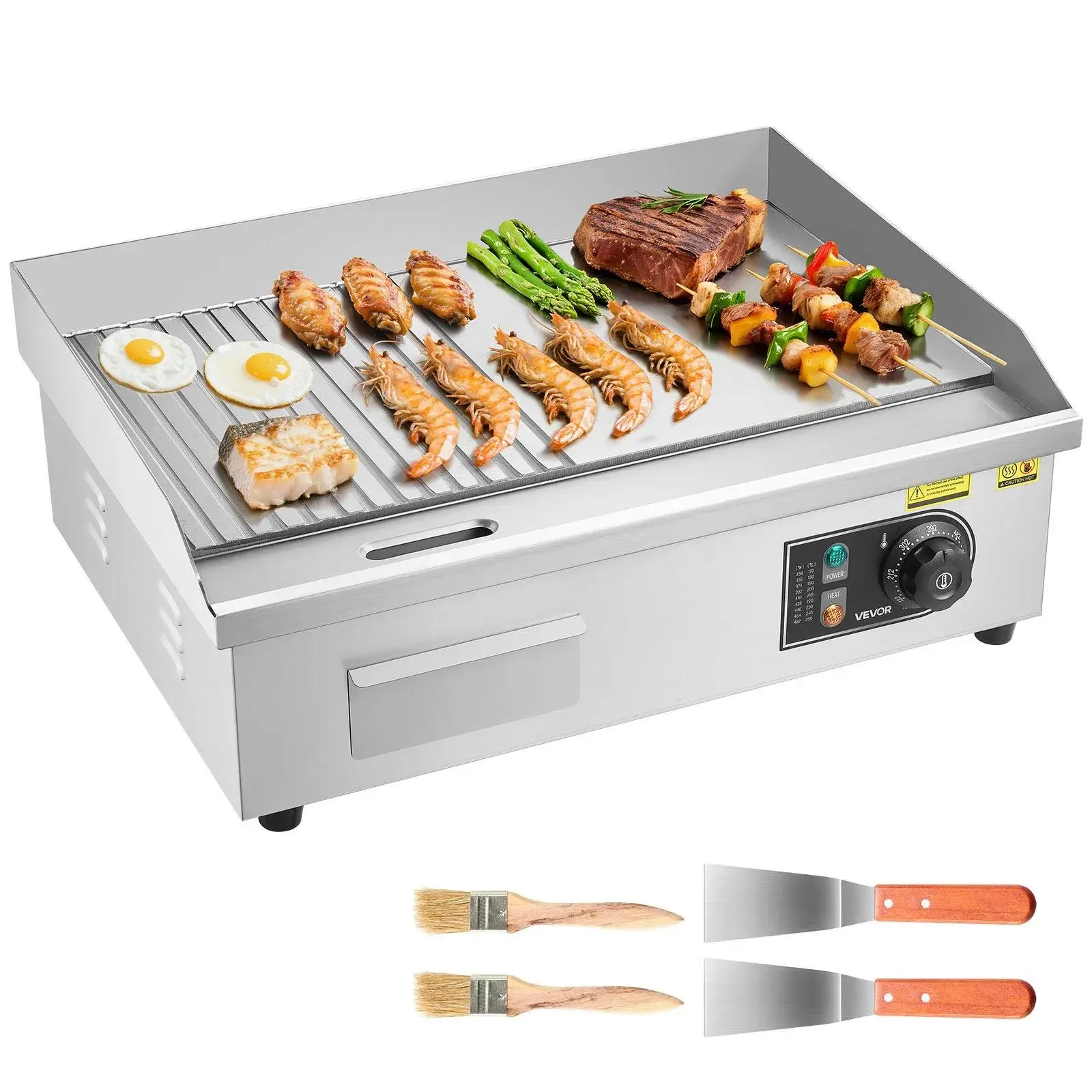 【Summerfinds】VEVOR Commercial Electric Griddle, 21.06 x 11.81 inch, 1750W, 122-570°F Adjustable Temp Control, Stainless Steel Body, Half Grooved Half Flat, with 2 Spatulas, 2 Brushes, and 4 Foot Pads, for Steak
