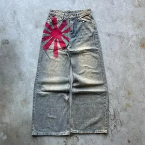 Y2KFashionBaggyJeansRedPrintGreyWashedMensWomensHarajukuGothicSkateboardPantsVintageStreetClothesWidelegpants