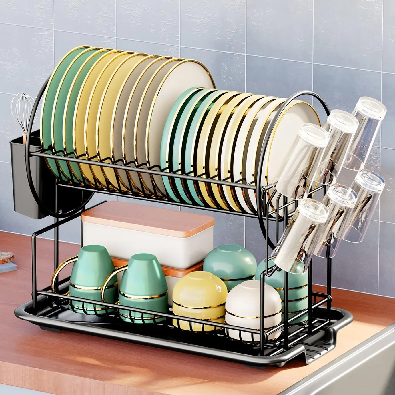 Dish Drying Rack with Drain Board Set, 1/2 Counts Kitchen Dish Drying Rack With Cup Holder, Cutlery & Tableware