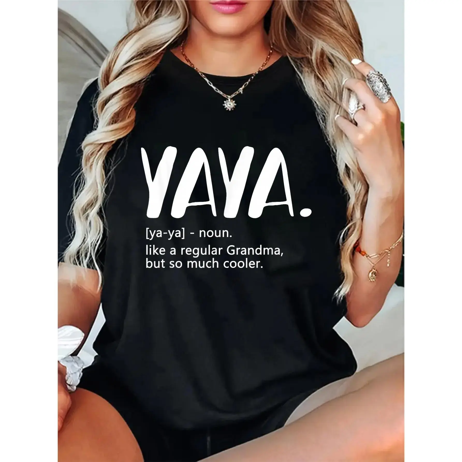 Women's Yaya Printed Text Short-Sleeve Casual Round Neck Loose-Fit T-Shirt, Ideal Mother's Day Gift for Grandma, Shortsleeve