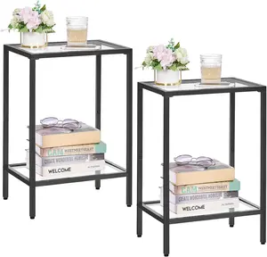 Set of 2 Side Tables, End Tables with Tempered Glass, 2-Tier Nightstands featuring Storage Shelves, Modern Coffee Tables, Slim Sofa Tables for Living Room or Bedroom, 11.8" D x 15" W, Black.