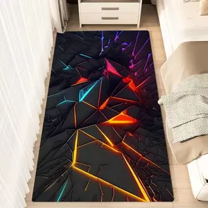 1pc Cyberpunk Geometric Neon Edged Fluffy Minimalist Area Rug, Polyester 100% Flannel Carpet, Non-Slip Rectangle Floor Mat for Living Room, Bedroom, Kitchen, Office, Entryway, Bedside Rug | Washable Carpet Mats Ideal for Christmas Tech Gifts