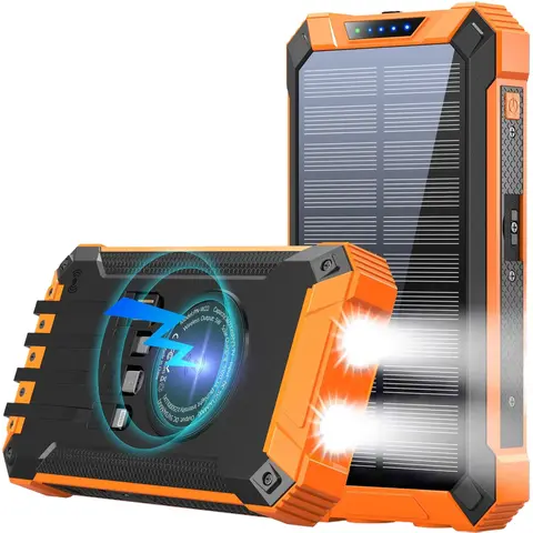 GOODaaa Solar Power Bank (>20000mAh 36000mAh), 15W Wireless All-In Charging Solution with Built-In 4 Cables, 6 Outputs, 3 Inputs, Dual Flashlights, Carabiner, Dustproof Shockproof Emergency Power for Mobile Devices & Electronics